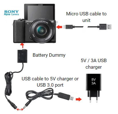 Camera with battery dummy