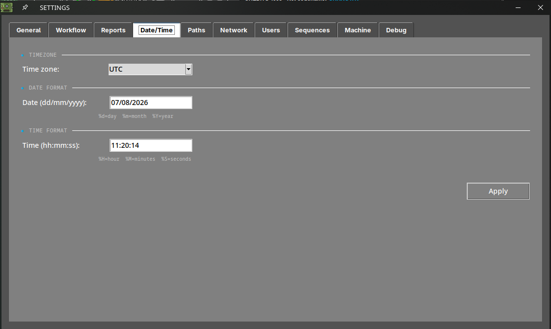 Settings menu date section