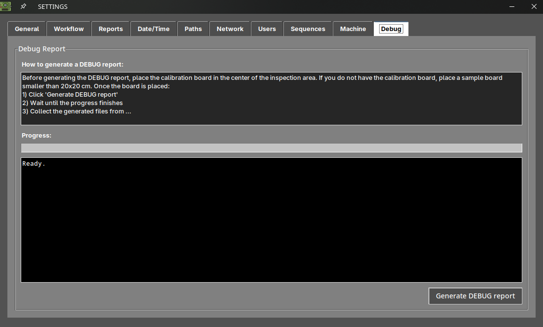 Settings menu debug section