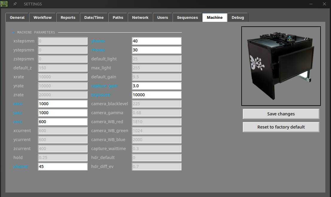 Settings menu machine section