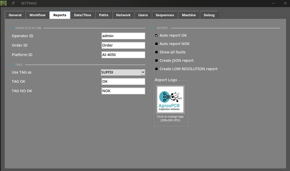 Settings menu report section