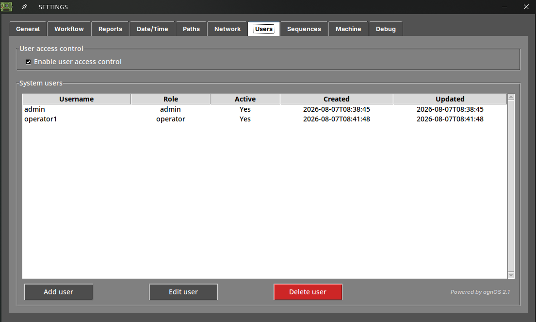 Settings menu users section