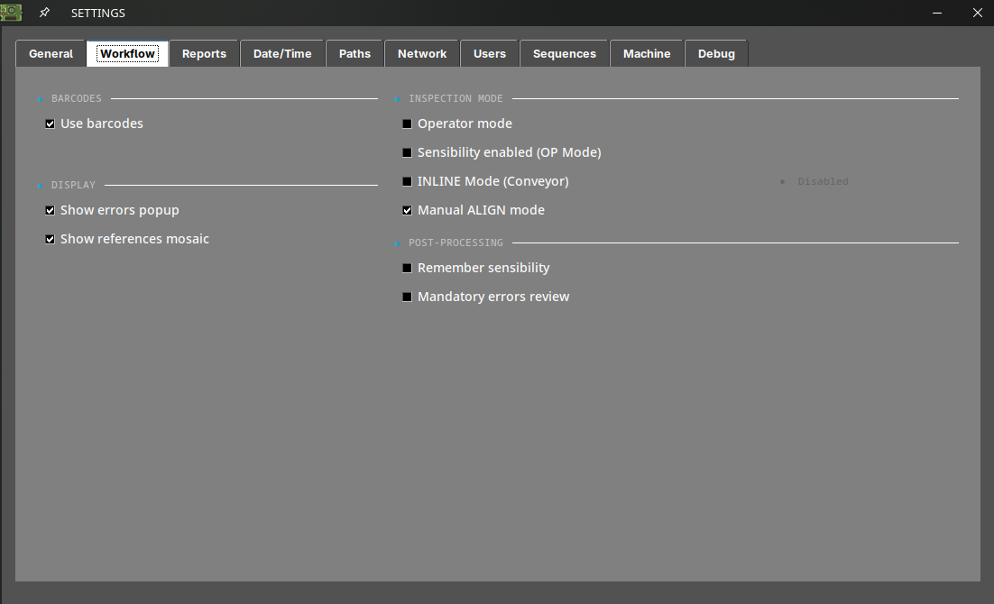 Settings menu workflow section